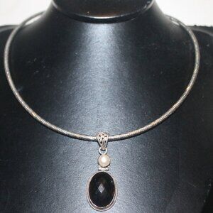925 Sterling Heavy Smokey Topaz Genuine Pearl Charm Silver Choker Necklace